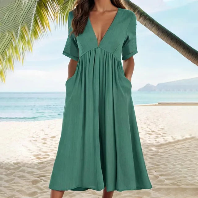 Haiya - Faltenkleid mit tiefem V-Ausschnitt und Taschen