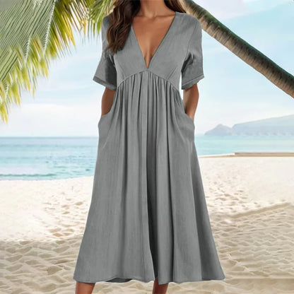 Haiya - Faltenkleid mit tiefem V-Ausschnitt und Taschen
