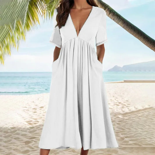 Haiya - Faltenkleid mit tiefem V-Ausschnitt und Taschen