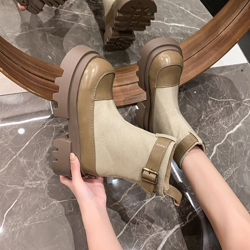 Anari | Frauen Plattform Stiefeletten 2024 Herbst Canvas Quadrat Heels Schuhe