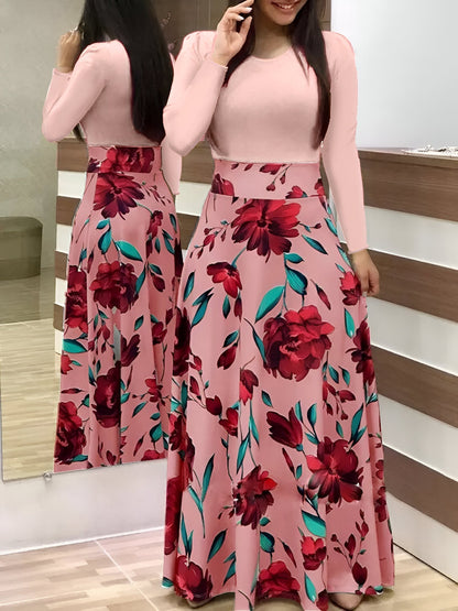 Abrielle | Elegantes Blumen Color-Block Kleid