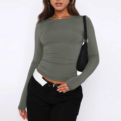 Abelard | Damenmode feste Farbe Rundhalsausschnitt Langarm T-Shirt Top