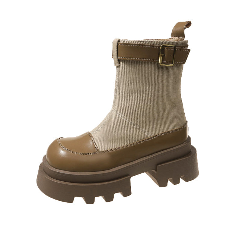 Anari | Frauen Plattform Stiefeletten 2024 Herbst Canvas Quadrat Heels Schuhe