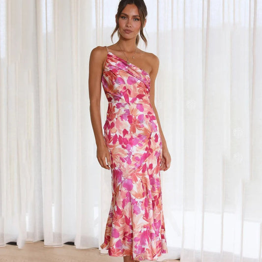 One Shoulder Kleid mit Blumendruck