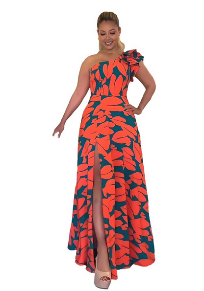 FallStil - Maui Orange Palmetto Blue Asymmetrisches Maxikleid mit Rüschen
