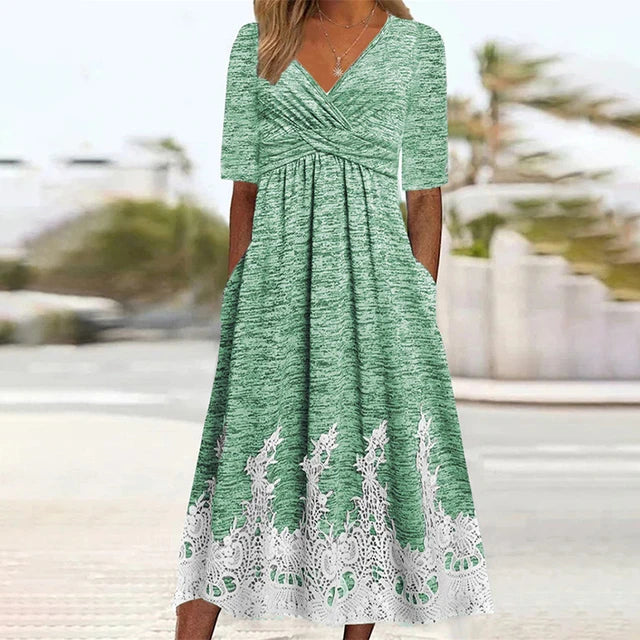 Haimi - Freizeitkleid mit V-Ausschnitt und Spitzensaum