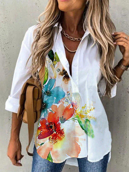 FallStil - Aquarellblume Knopfleiste Tunika-Bluse