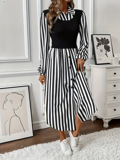 Madeline | Gestreiftes Color-Block-Kleid mit Woven A-Linien Rock