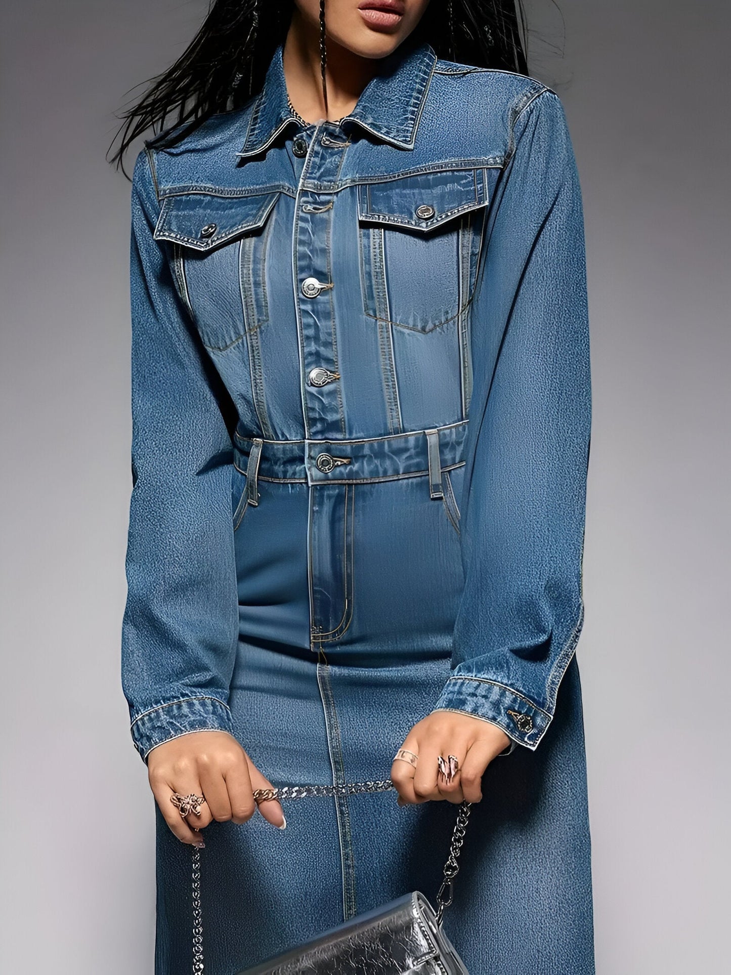 Gaetana | Stylisches Denim-Look Langarmkleid