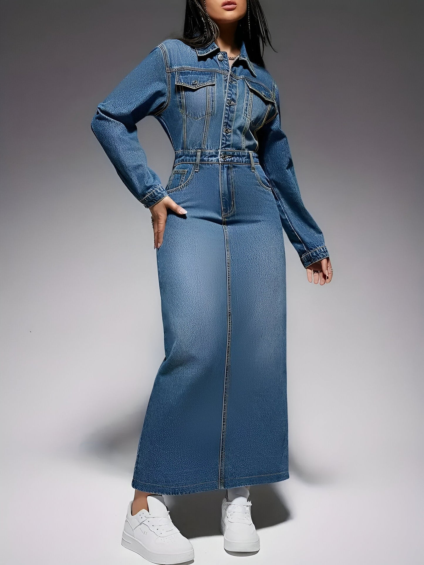 Gaetana | Stylisches Denim-Look Langarmkleid