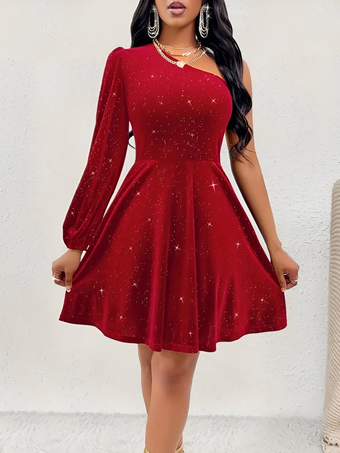 Emanuelle | Elegantes One-Shoulder Ruffle Hem Kleid