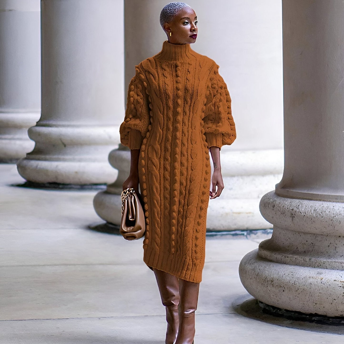 Aisling | Elegantes Rippstrick-Turtleneck-Midi-Kleid
