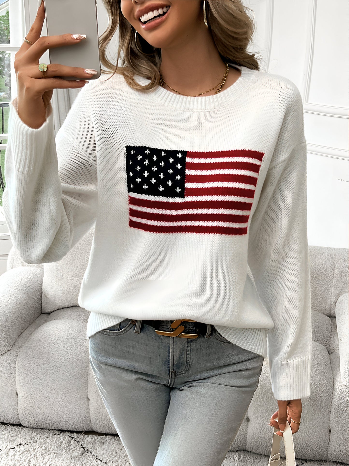 Elies | Amerikanische Flagge Rundhalsausschnitt Pullover