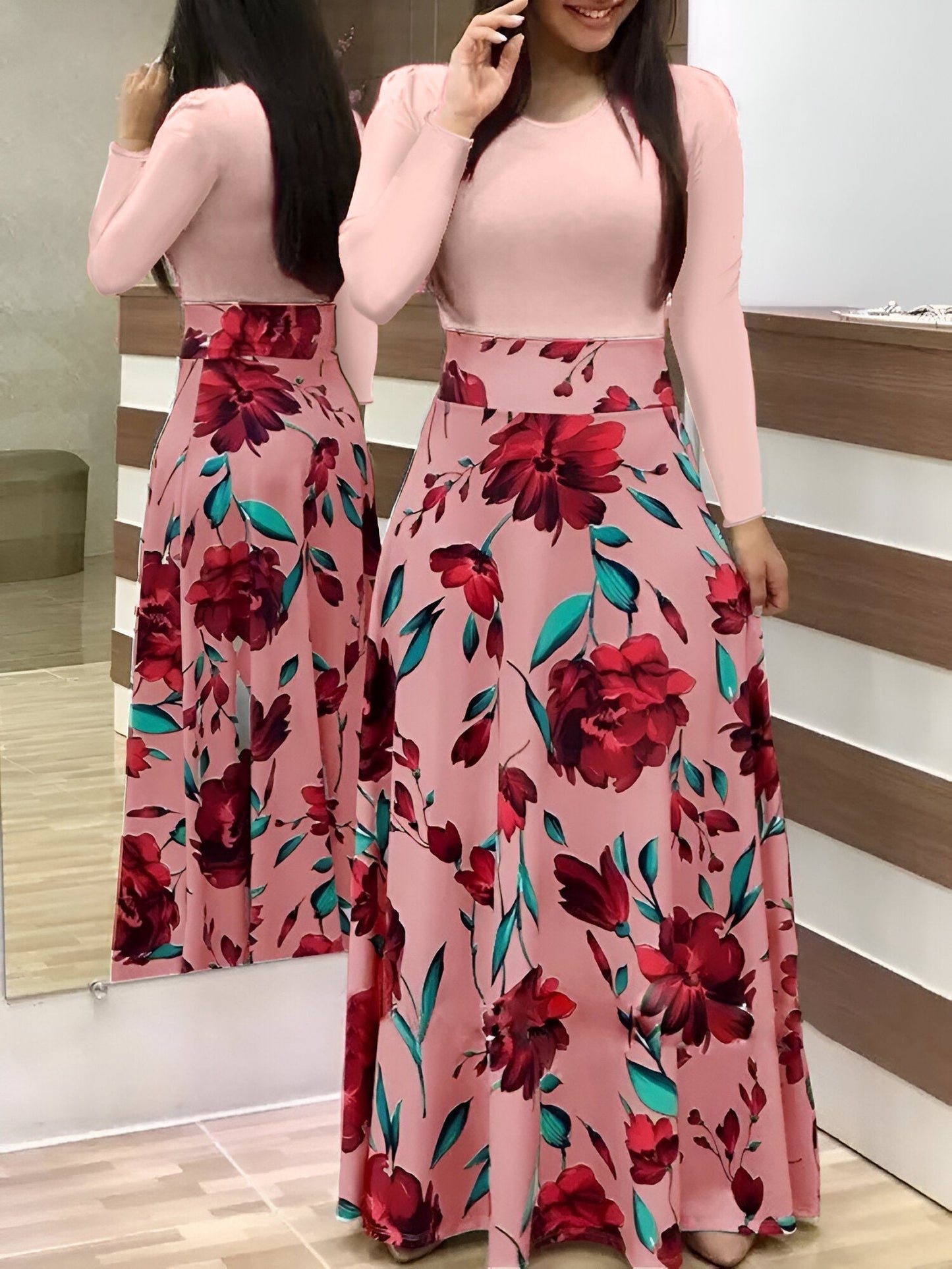 Abrielle | Elegantes Blumen Color-Block Kleid
