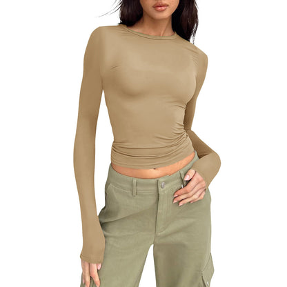 Abelard | Damenmode feste Farbe Rundhalsausschnitt Langarm T-Shirt Top