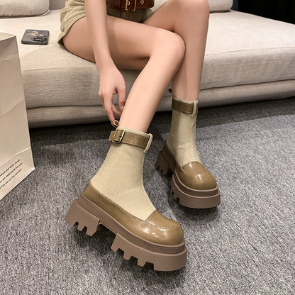 Anari | Frauen Plattform Stiefeletten 2024 Herbst Canvas Quadrat Heels Schuhe