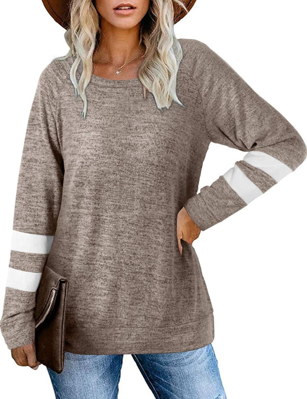 Amanda | Damen Langarm Patchwork Rundhalsausschnitt lässig bedrucktes T-Shirt Top