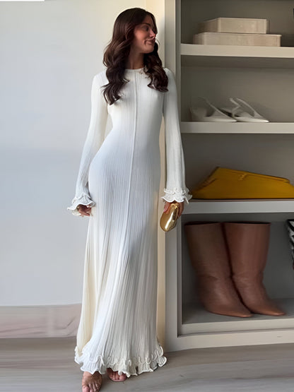 Tabea | Elegantes Weißes Strickkleid mit Volant-Saum